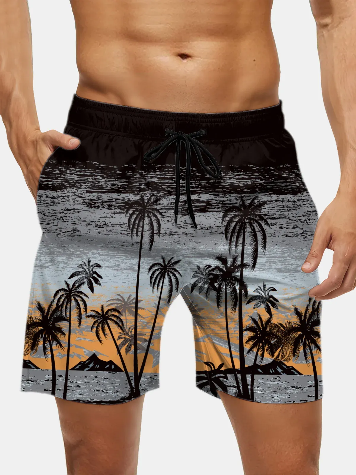 Men's Swim Trunks Hawaiian Tropical Palm Tree Beach Shorts with Pockets