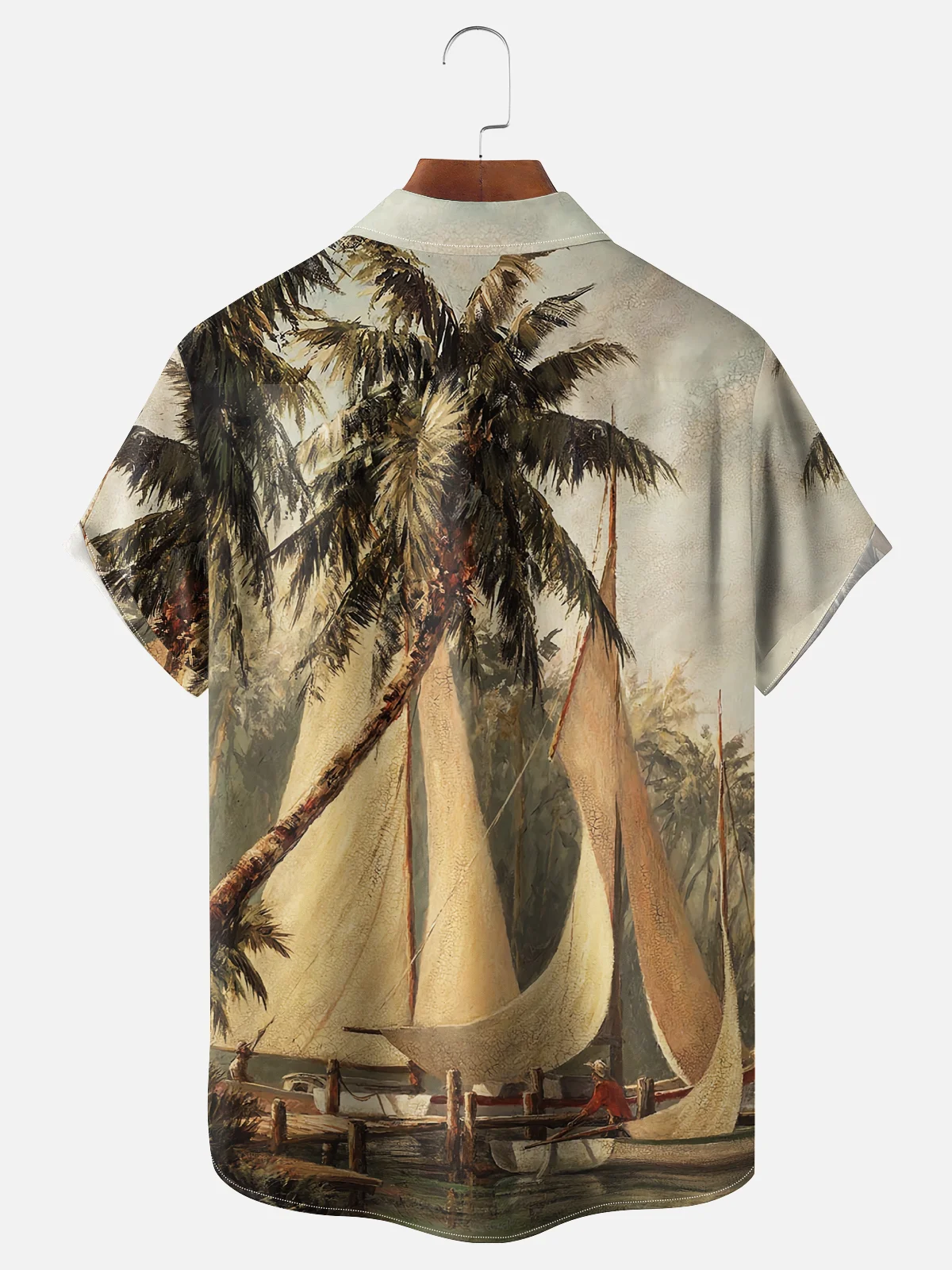 Mens Hawaiian Leaves Print Lapel Loose Chest Pockets Short Sleeve Funky Aloha Shirt