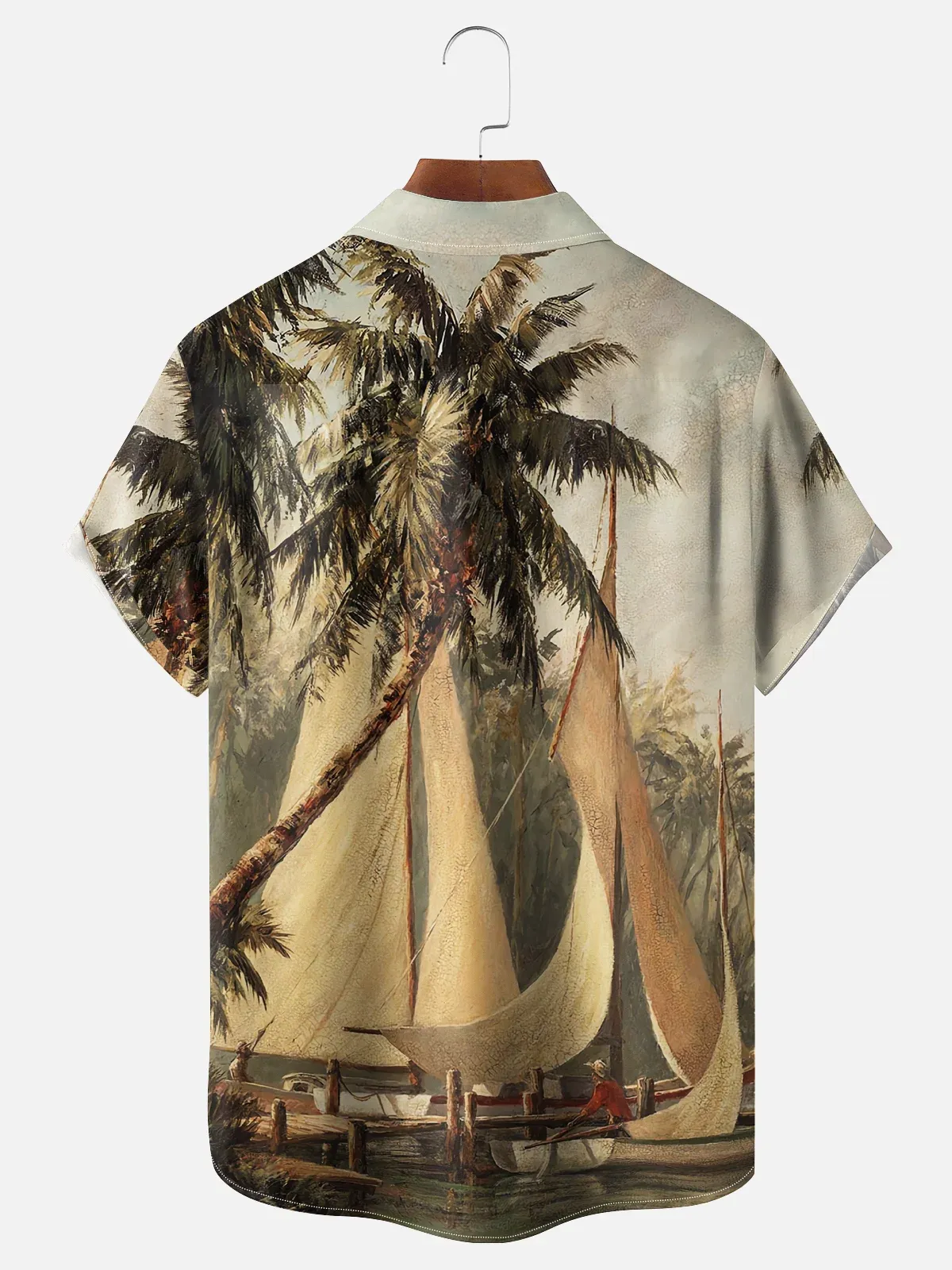 Mens Hawaiian Leaves Print Lapel Loose Chest Pockets Short Sleeve Funky Aloha Shirt