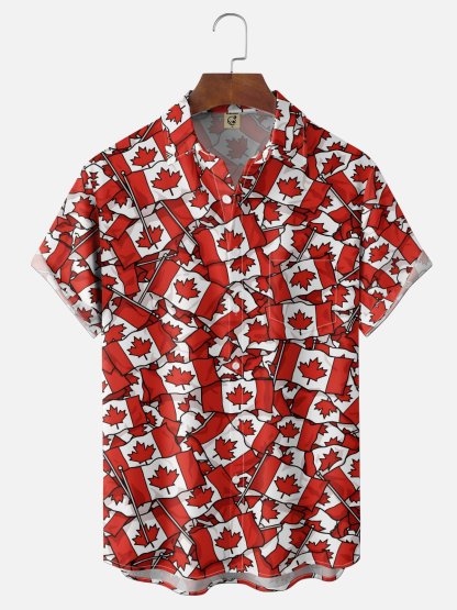 Moisture-Wicking Canada Day & Japan Flag Maple Leaf Chest Pocket Holiday Hawaiian Shirt