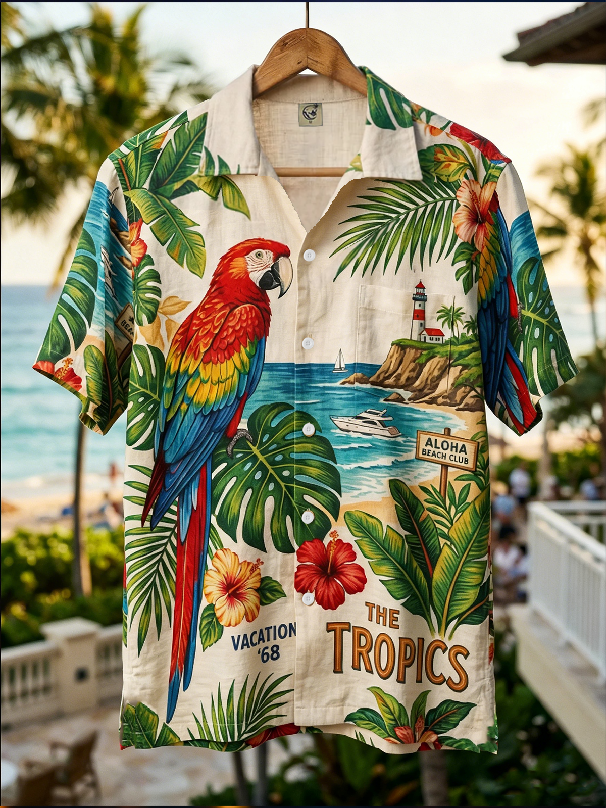 Linen Textured Leafy Flowers Seascape Parrot Chest Pocke Holiday Hawaiian Shirt