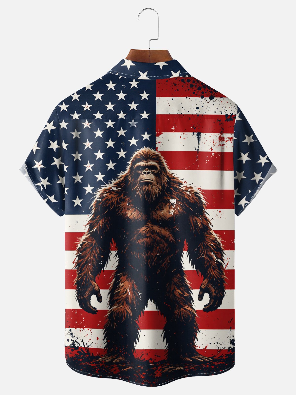 Moisture-Wicking Independence Day Gradient American Flag & Bigfoot Chest Pocket Hawaiian Shirt