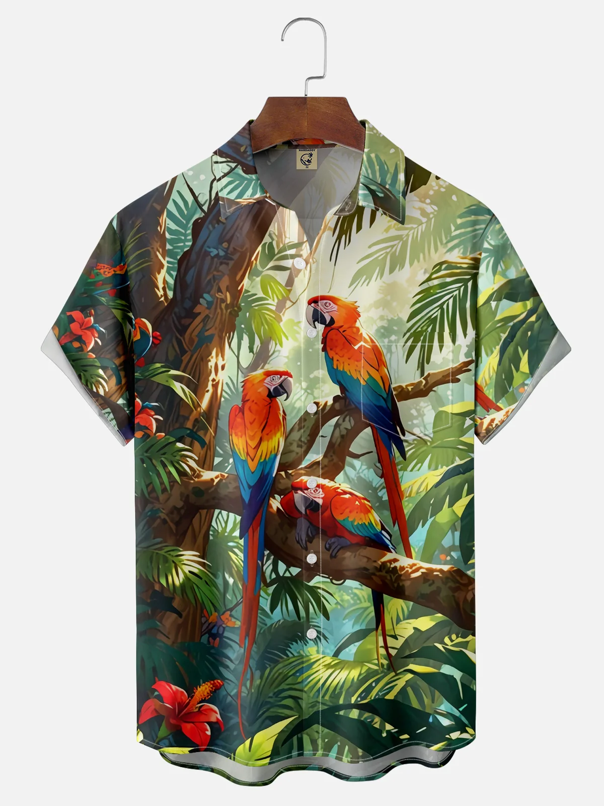 Moisture-wicking Tropical Palm Parrots Chest Pocket Hawaiian Shirt