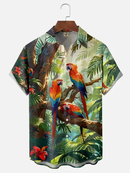 Moisture-wicking Tropical Palm Parrots Chest Pocket Hawaiian Shirt