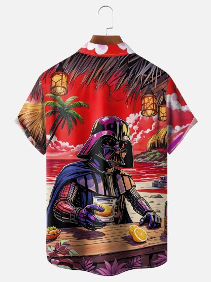 Moisture-wicking Star Beach Coconut Tree Chest Pocket Hawaiian Shirt