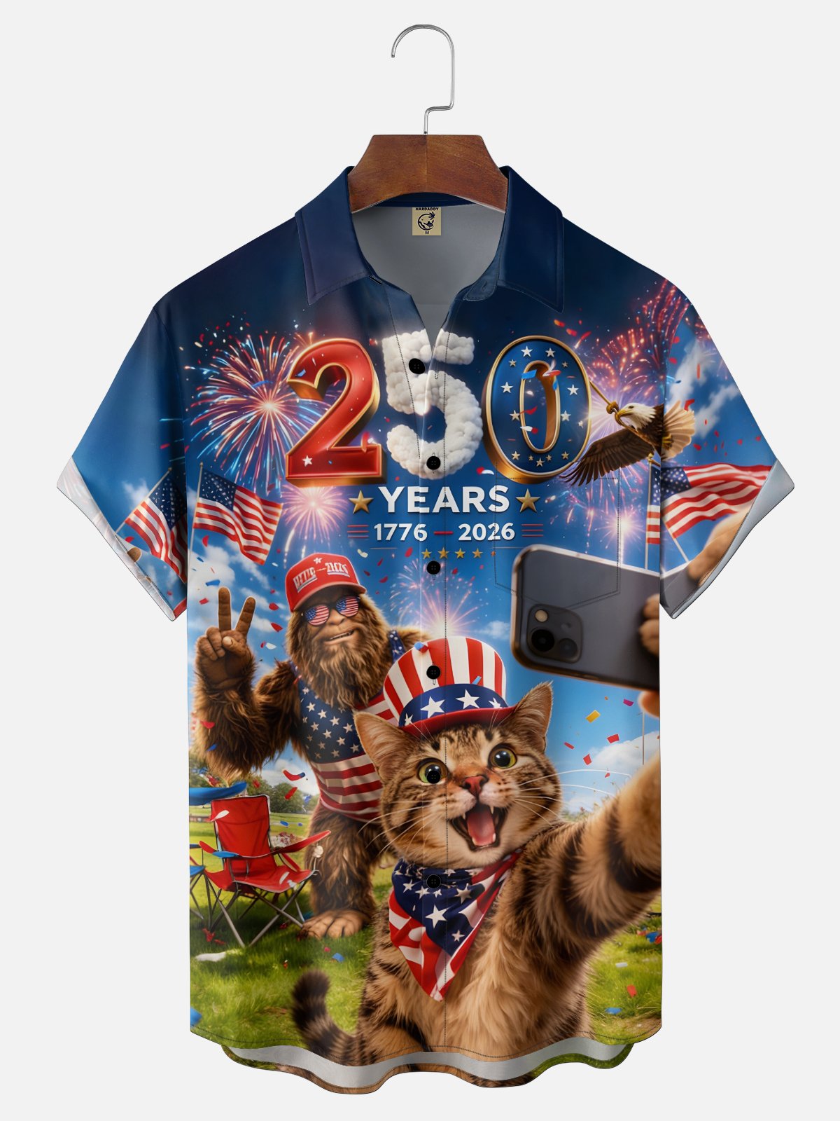 Moisture-Wicking 250th U.S. Independence Day Commemorative Edition Cat & Bigfoot Selfie-Print Chest Pocket  Hawaiian Shirt