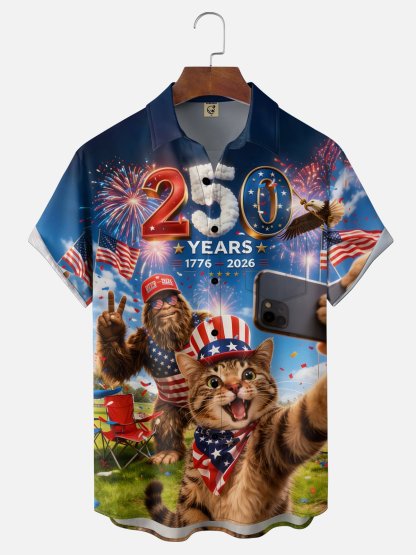 Moisture-Wicking 250th U.S. Independence Day Commemorative Edition Cat & Bigfoot Selfie-Print Chest Pocket  Hawaiian Shirt