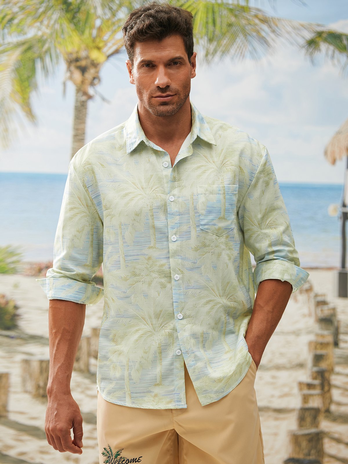 Palm Tree Chest Pocket Long Sleeve Hawaiian Shirt