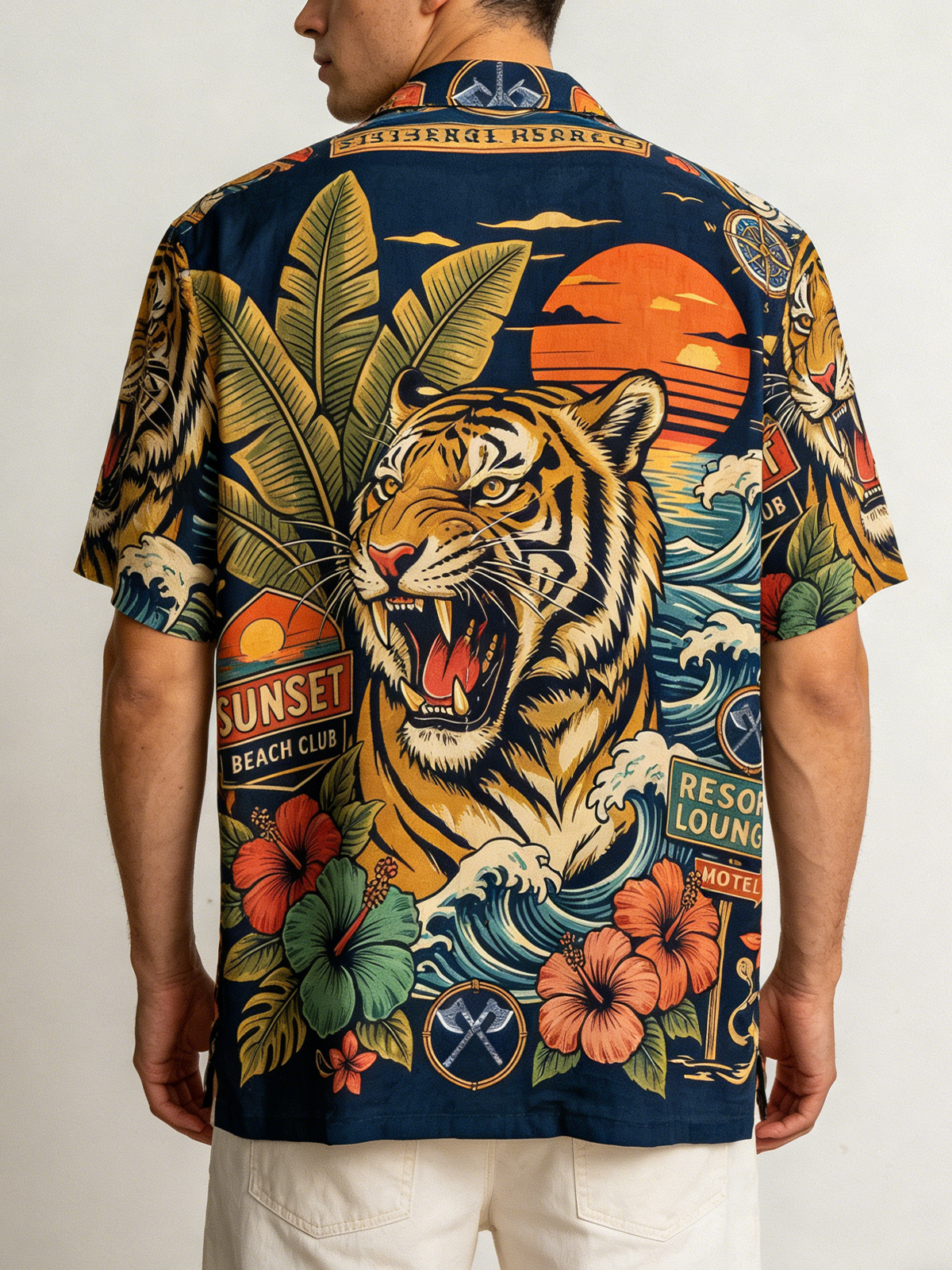 Moisture Wicking Leaves Flowers Waves Tiger Chest Pocke Holiday Hawaiian Shirt