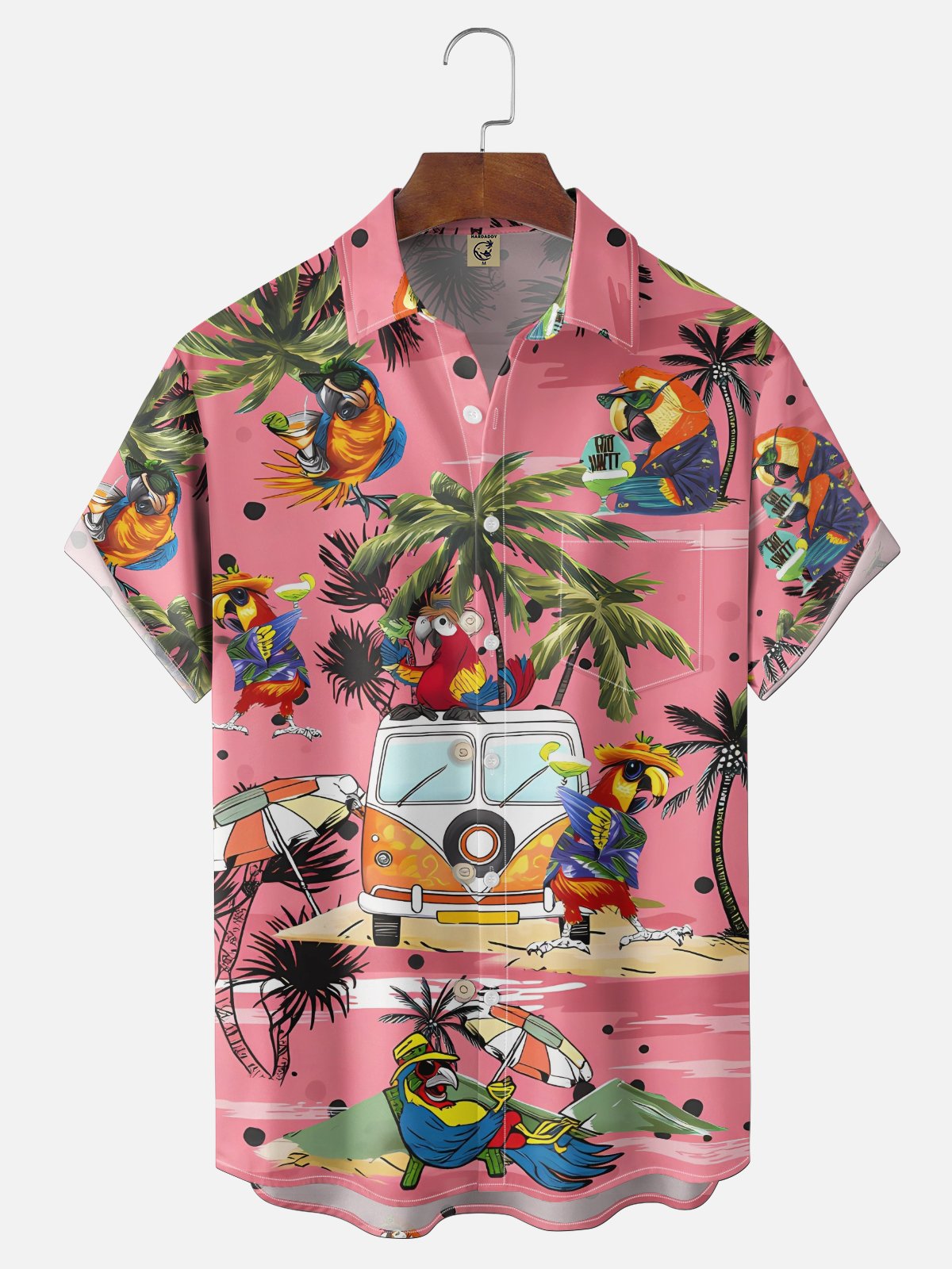 Moisture Wicking Tropical Plants Flowers Coconut Trees and Parrots Chest Pocket Holiday Hawaiian Shirt