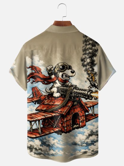 Tall Size Moisture-Wicking Abstract Airplane Dog Pattern and Chest Pocket Holiday Hawaiian Shirt