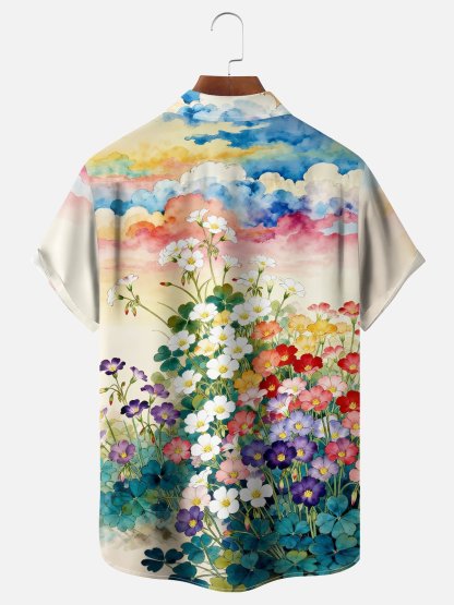 Moisture Wicking Gradient Floral Botanical Shirt Chest Pocke Holiday Hawaiian Shirt
