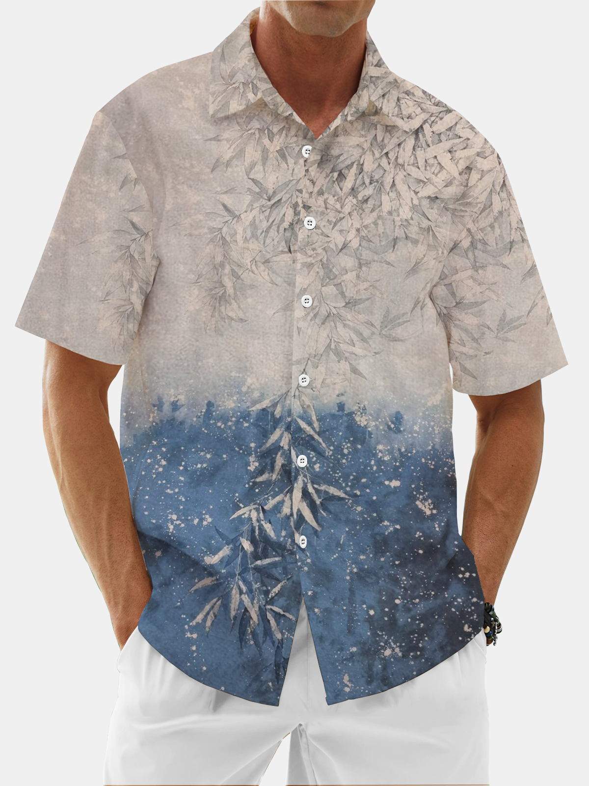 Moisture Wicking Gradient Botanicals Chest Pocket Hawaiian Shirt