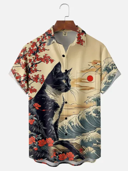 Moisture-wicking Ukiyo-e Cat Chest Pocket Hawaiian Shirt