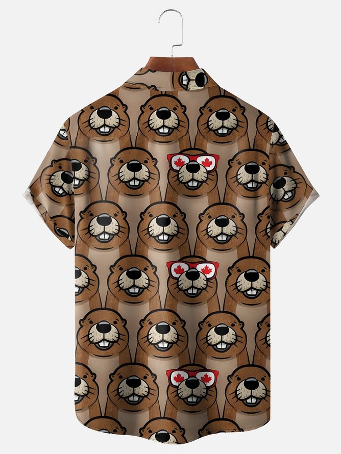 Tall Size Moisture-wicking Canada Day American Beaver Maple Leaf Chest Pocket Hawaiian Shirt
