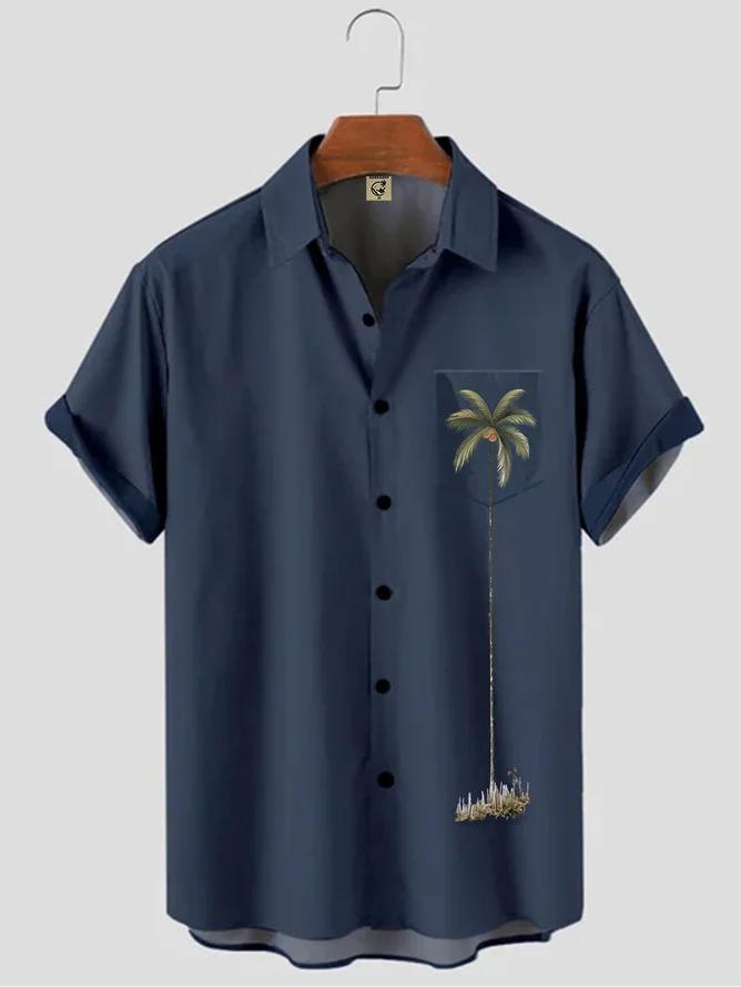 Tall Size Moisture-wicking Palm Tree Chest Pocket Hawaiian Shirt