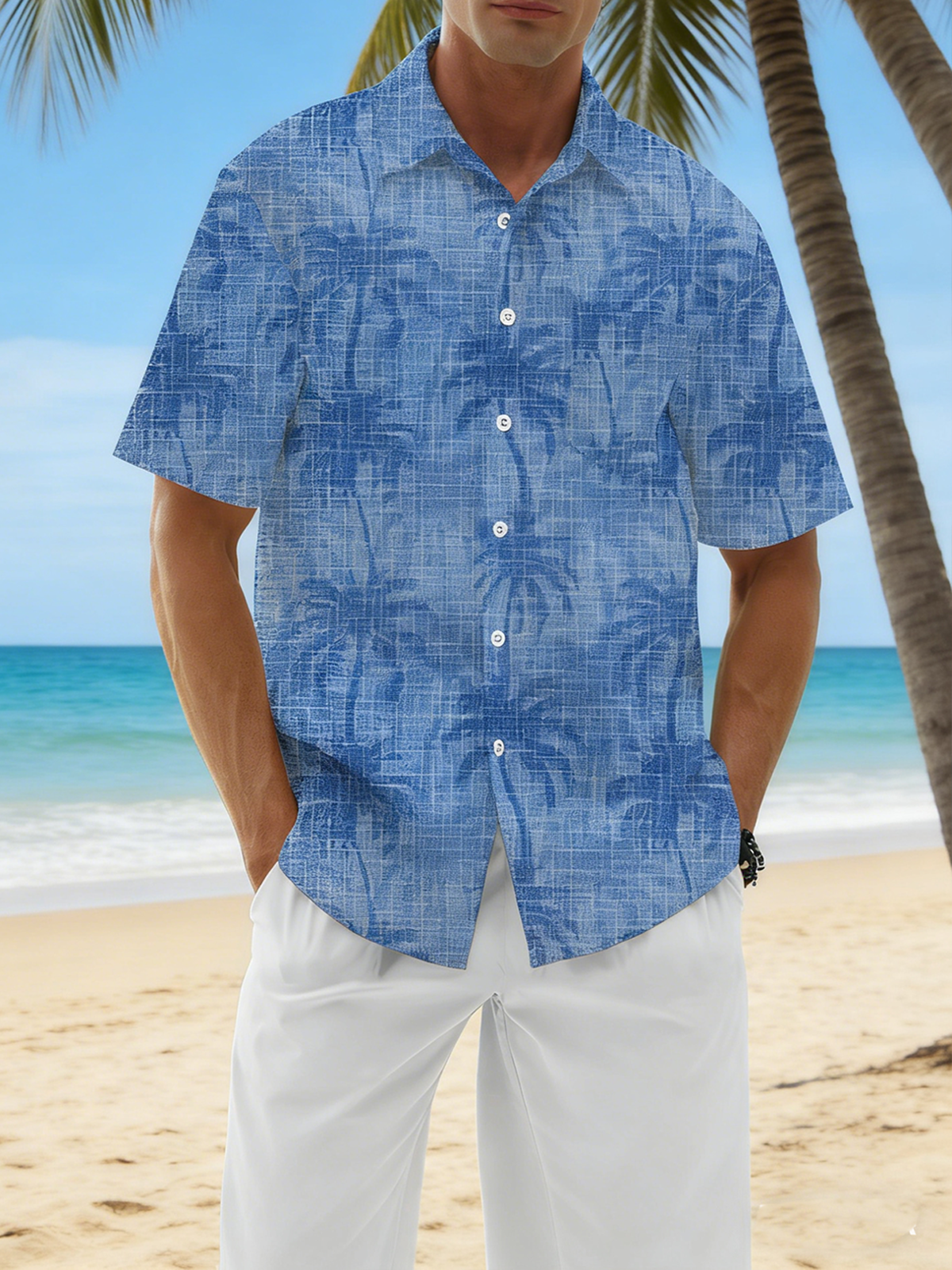 Linen Textured Coconut Tree Chest Pocke Holiday Hawaiian Shirt