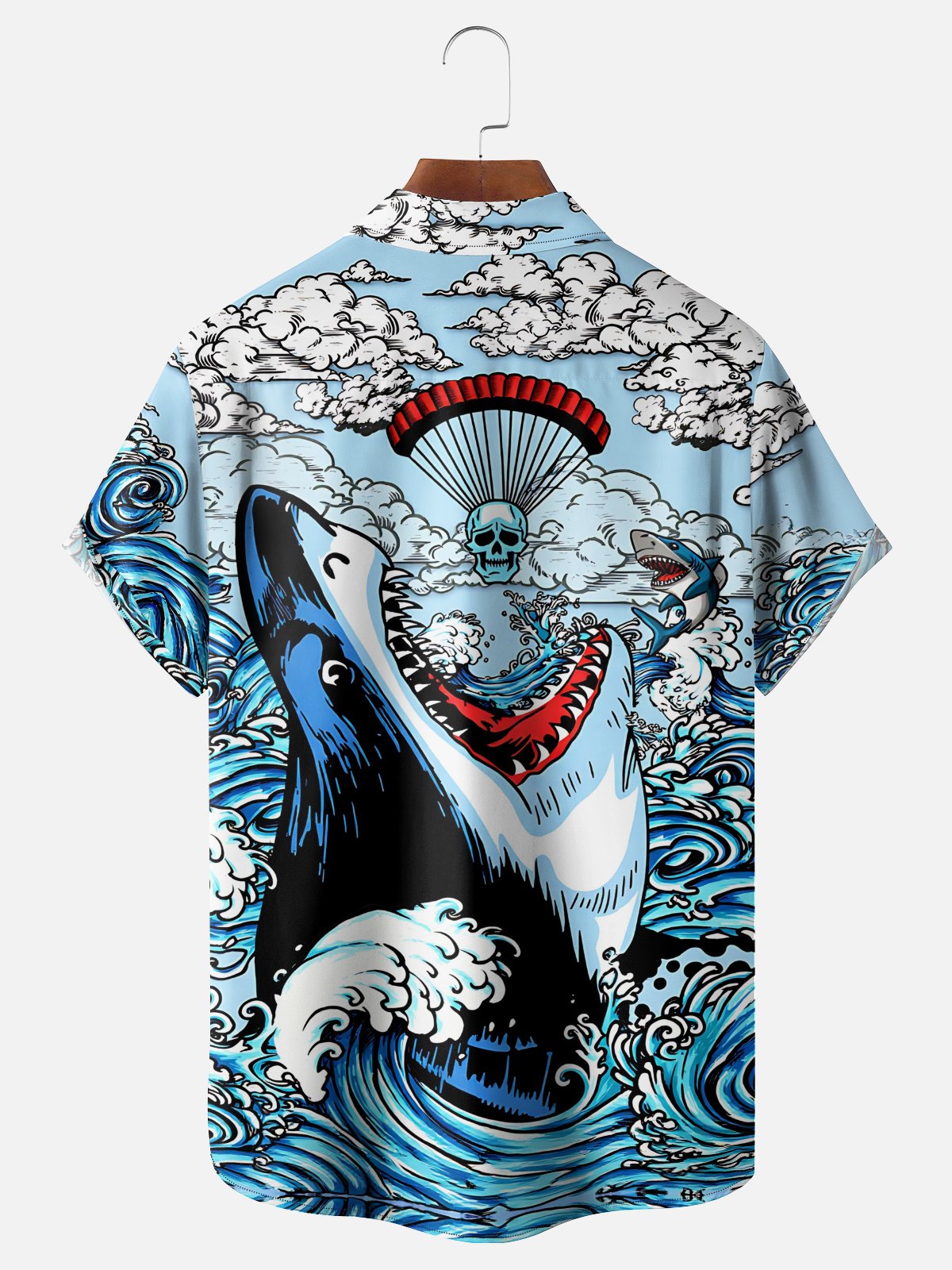 Moisture Wicking Ocean Shark Chest Pocke Holiday Hawaiian Shirt
