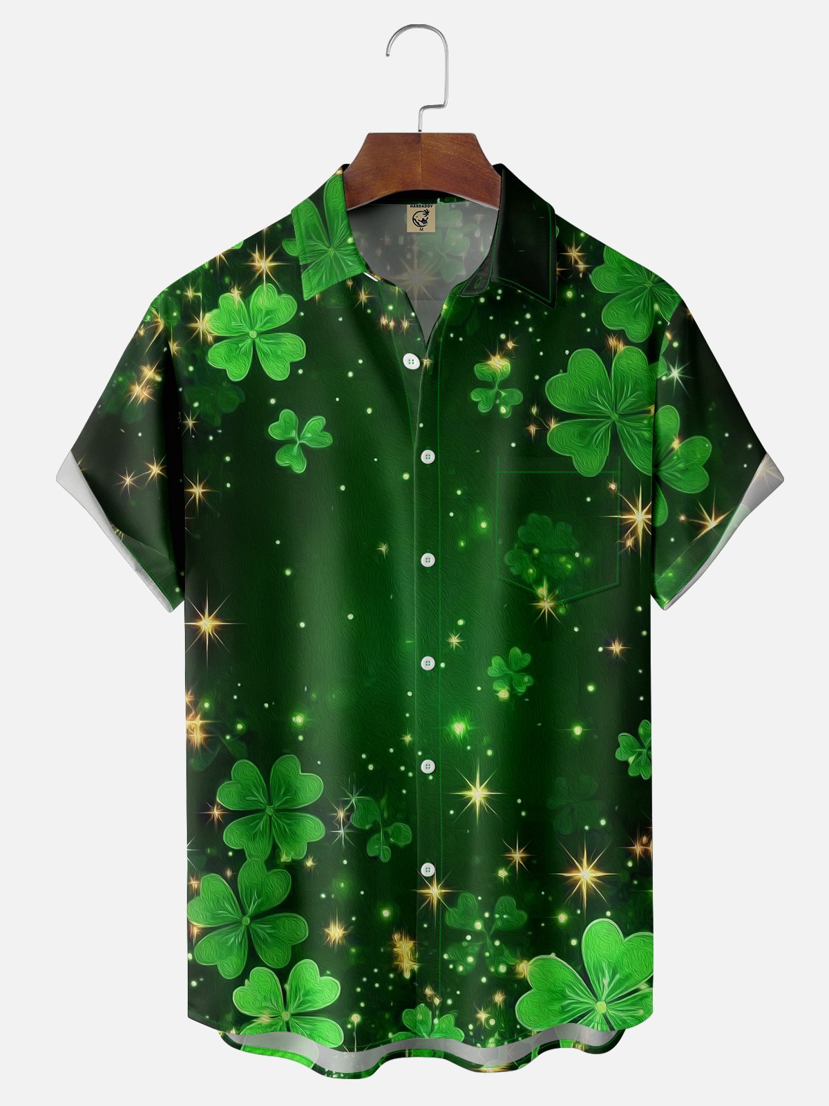Moisture-wicking St. Patrick's Day Four Leaf Clover Green Art Chest Pocket Hawaiian Shirt