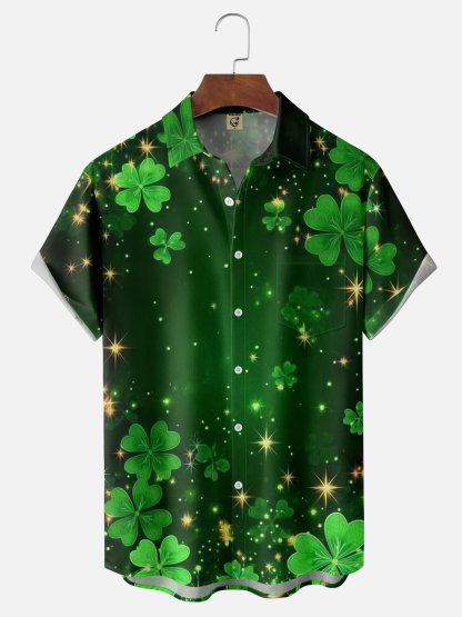 Moisture-wicking St. Patrick's Day Four Leaf Clover Green Art Chest Pocket Hawaiian Shirt