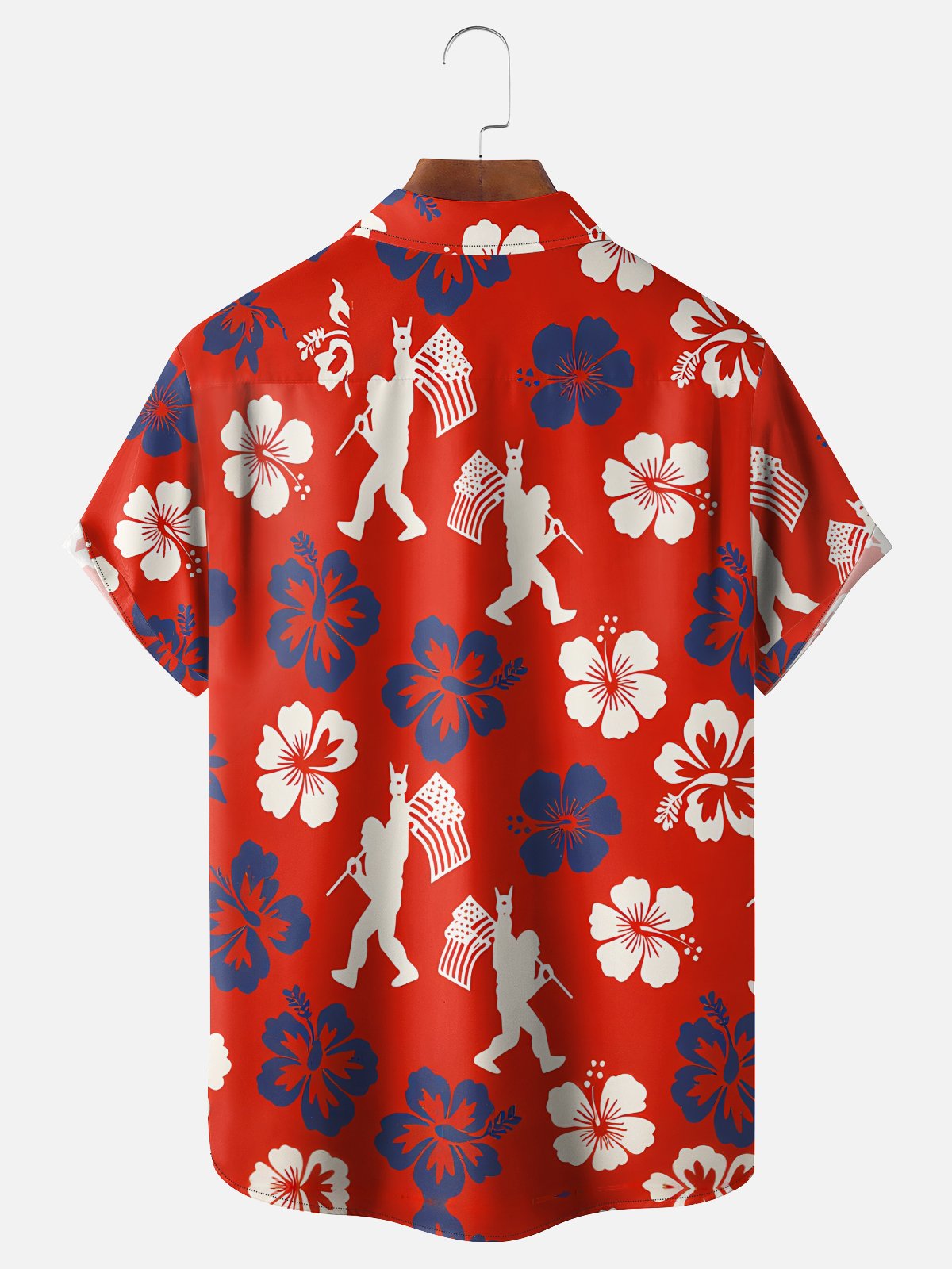 Moisture Wicking American Independence Day Anniversary Flag Plants Flowers Bigfoot Chest Pocke Holiday Hawaiian Shirt