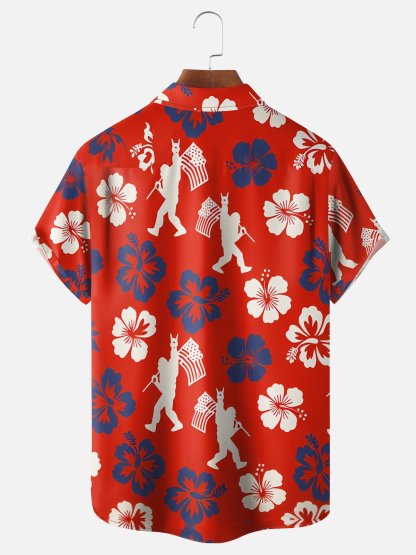 Moisture Wicking American Independence Day Anniversary Flag Plants Flowers Bigfoot Chest Pocke Holiday Hawaiian Shirt