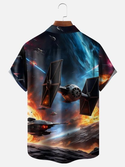 Moisture-wicking Spaceship Chest Pocket Hawaiian Shirt