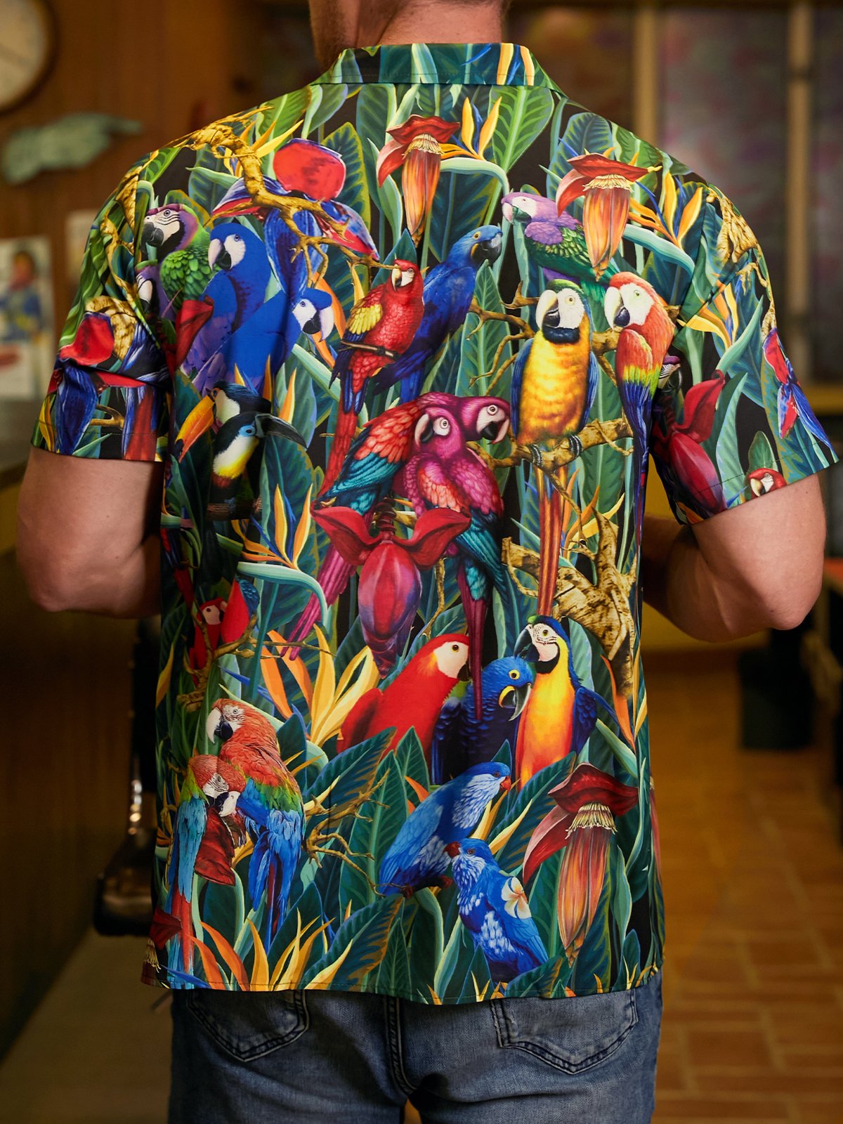 Hardaddy Mens Parrot Print Retro Breathable Hawaiian Shirt
