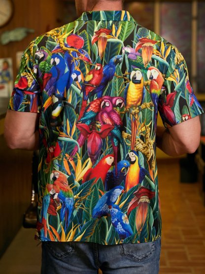 Hardaddy Mens Parrot Print Retro Breathable Hawaiian Shirt