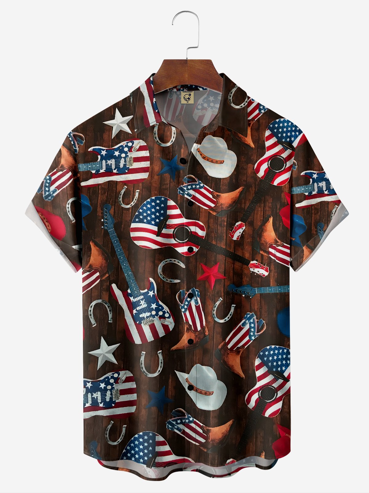 Moisture-wicking American Flag Guitar Chest Pocket Hawaiian Shirt