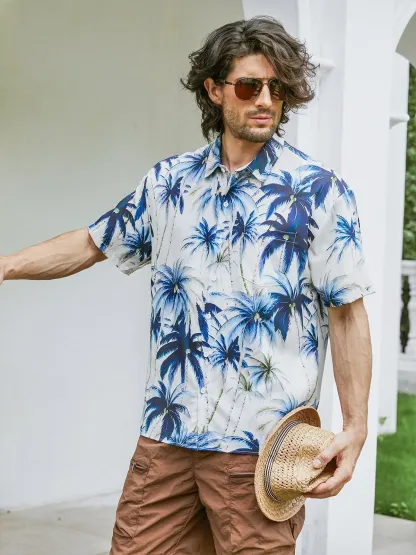 Palm Tree Chest Pocket Short Sleeve Hawaiian Shirt