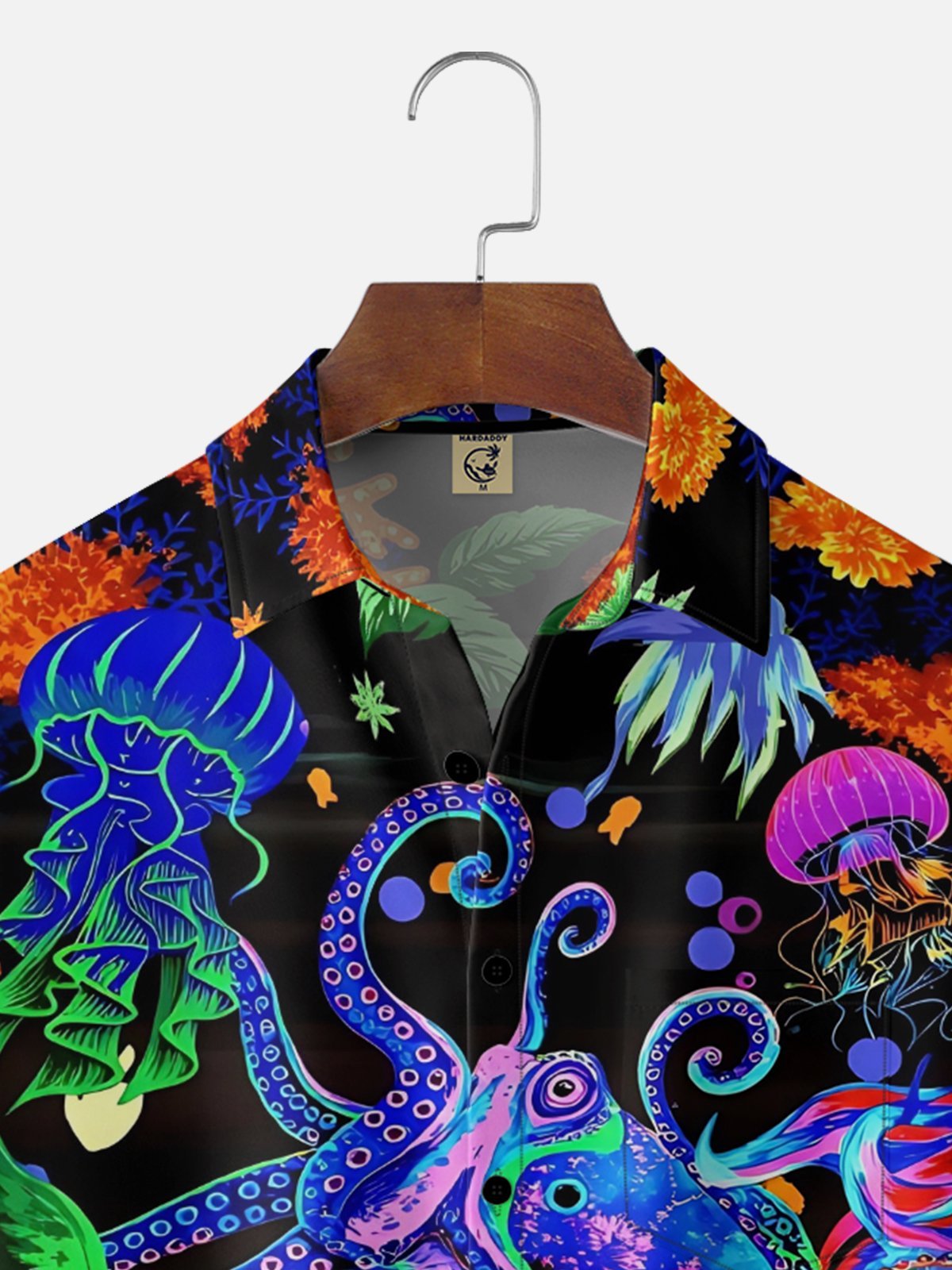 Moisture-Wicking "Ocean World" Octopus & Jellyfish Print  Chest Pocket Holiday Hawaiian Shirt