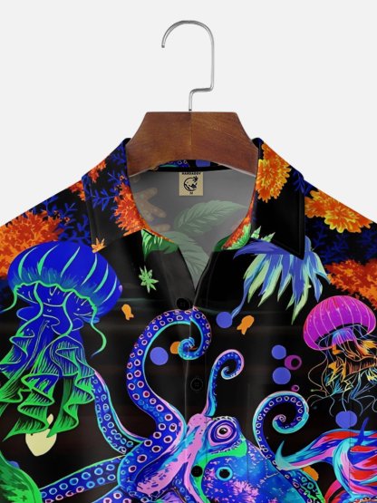 Moisture-Wicking "Ocean World" Octopus & Jellyfish Print  Chest Pocket Holiday Hawaiian Shirt