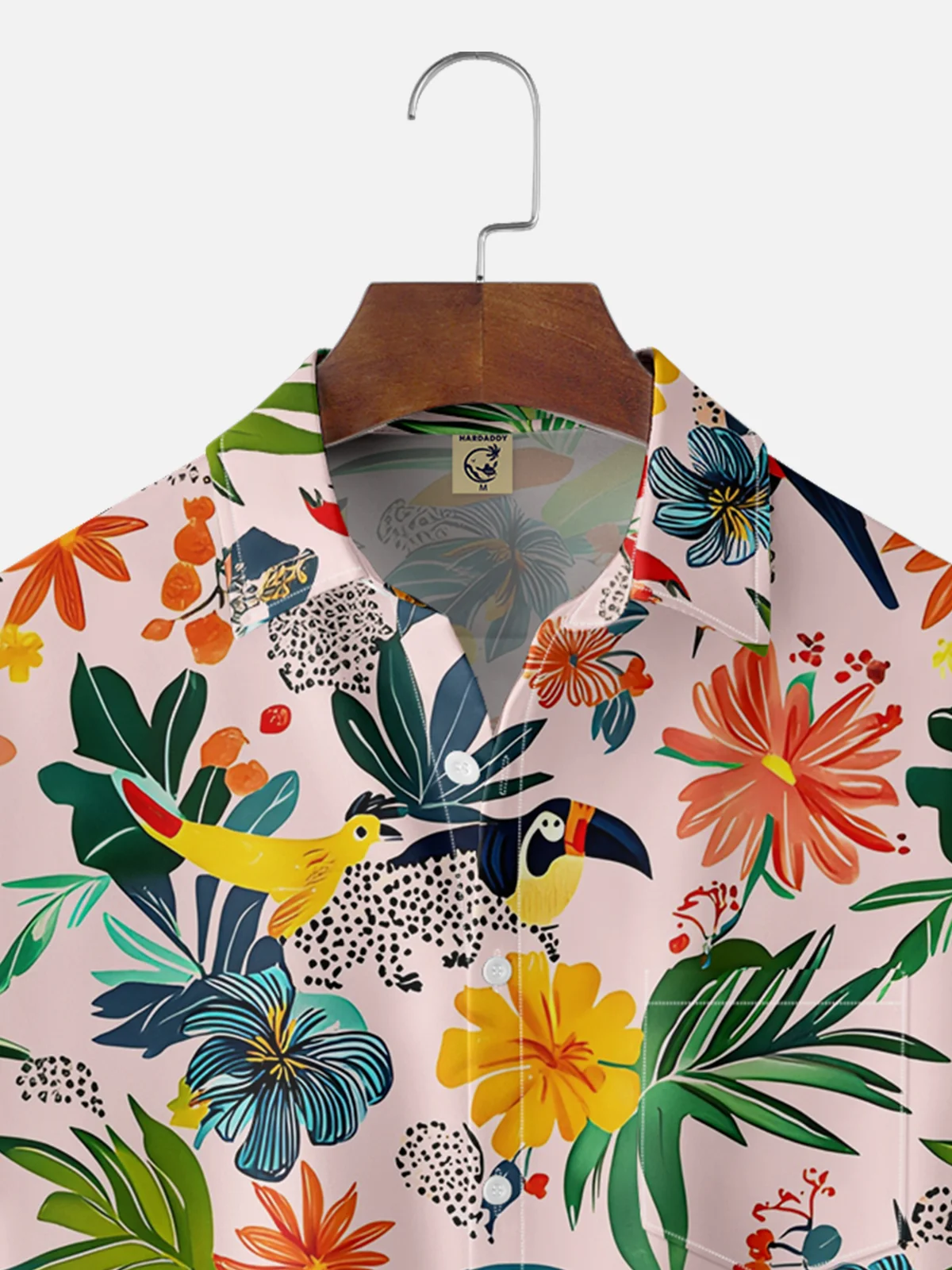 Moisture-wicking Tropical Palm Tree Parrot Floral Chest Pocket Hawaiian Shirt
