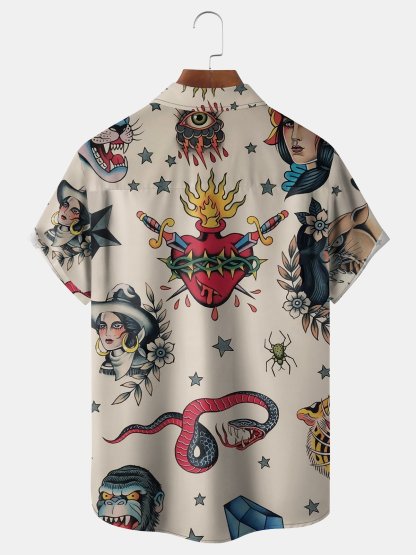 Retro Beauty Tattoo Chest Pocket Short Sleeve Hawaiian Shirt
