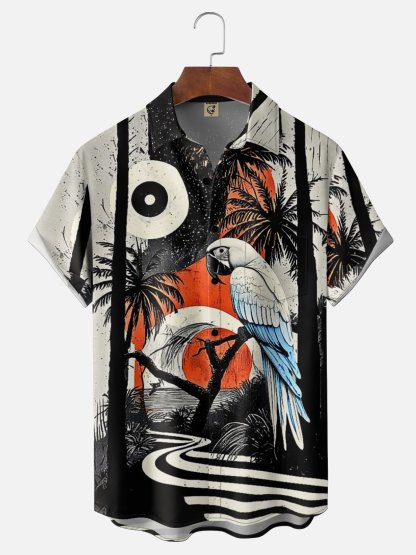 Moisture Wicking Botanical & Parrot Print Chest Pocket Holiday Hawaiian Shirt