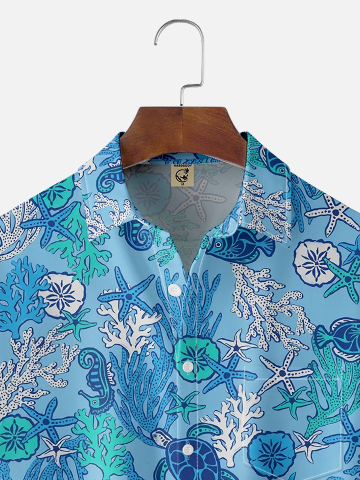 Moisture-wicking Marine Life Coral Sea Turtle Starfish Jellyfish Chest Pocket Hawaiian Shirt