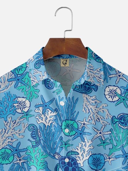 Moisture-wicking Marine Life Coral Sea Turtle Starfish Jellyfish Chest Pocket Hawaiian Shirt