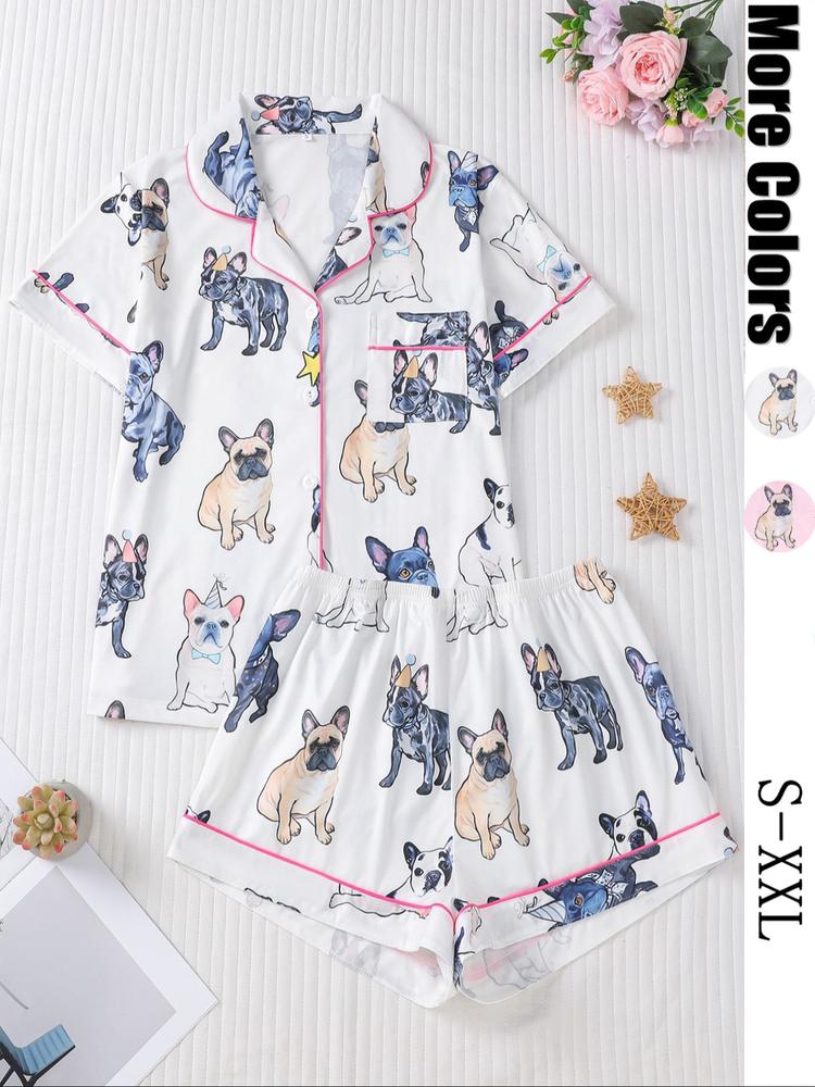 Two-Piece Set Women's Cartoon Dog Print Crop Top & Elastic Waist Shorts Pyjama, Casual Comfy Short Sleeve Top & Shorts PJ Set, Ladies Summer Sleepwear Pajama Set