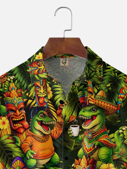 Moisture Wicking Cinco de Mayo Botanical & Dinosaur Print Chest Pocket Holiday Hawaiian Shirt