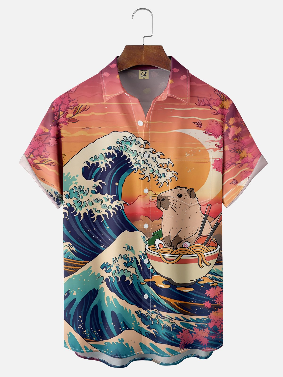 X Artist Kimprut Imut Japanese Ukiyo-e Wave Ramen Capybara Chest Pocket Hawaiian Shirt