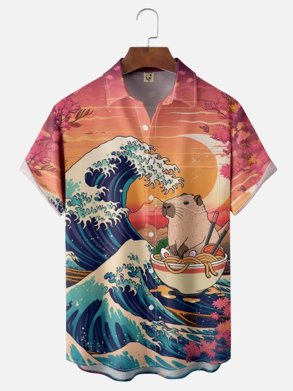 X Artist Kimprut Imut Japanese Ukiyo-e Wave Ramen Capybara Chest Pocket Hawaiian Shirt