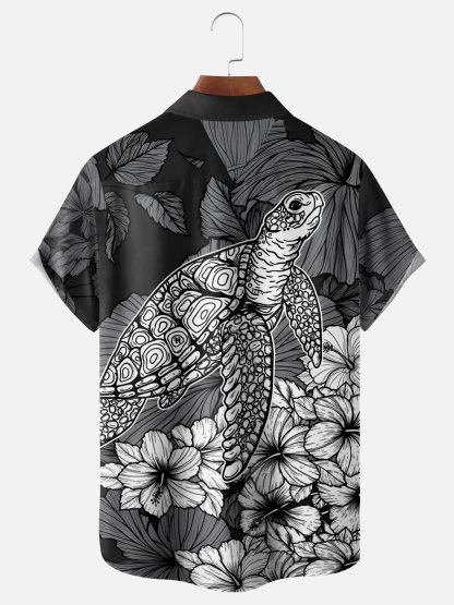 Moisture Wicking Botanical & Turtle Chest Pocket Holiday Hawaiian Shirt