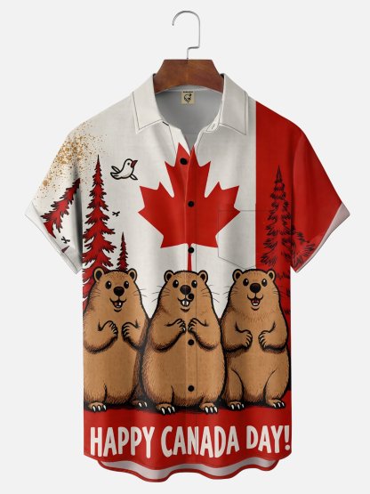 Moisture Wicking Canada Day Maple Leaf Flag Beaver Chest Pocke Holiday Hawaiian Shirt