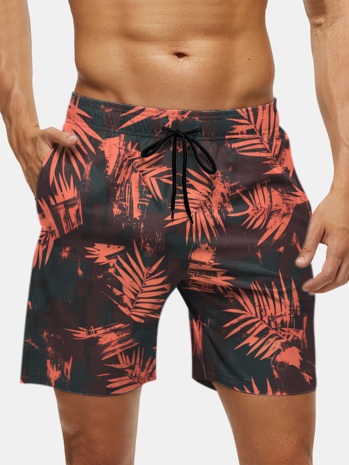 Men's Swim Trunks Hawaiian Tropical Palm Tree Beach Shorts with Pockets