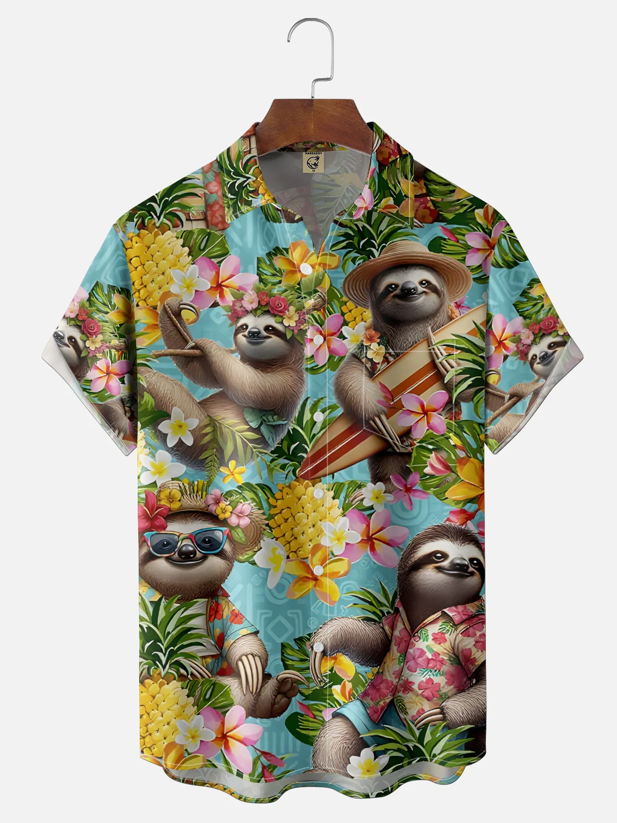 Moisture-wicking Sloth Pineapple Flowers Chest Pocket Hawaiian Shirt