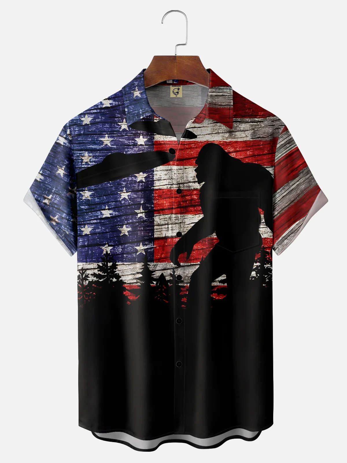Moisture-wicking American Flag Bigfoot UFO Chest Pocket Hawaiian Shirt