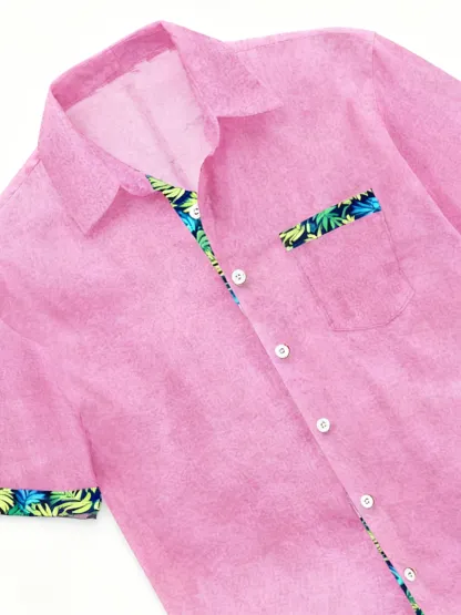 Linen Texture Plant Based Solid Color Patchwork Chest Pocket Holiday Hawaiian Shirt