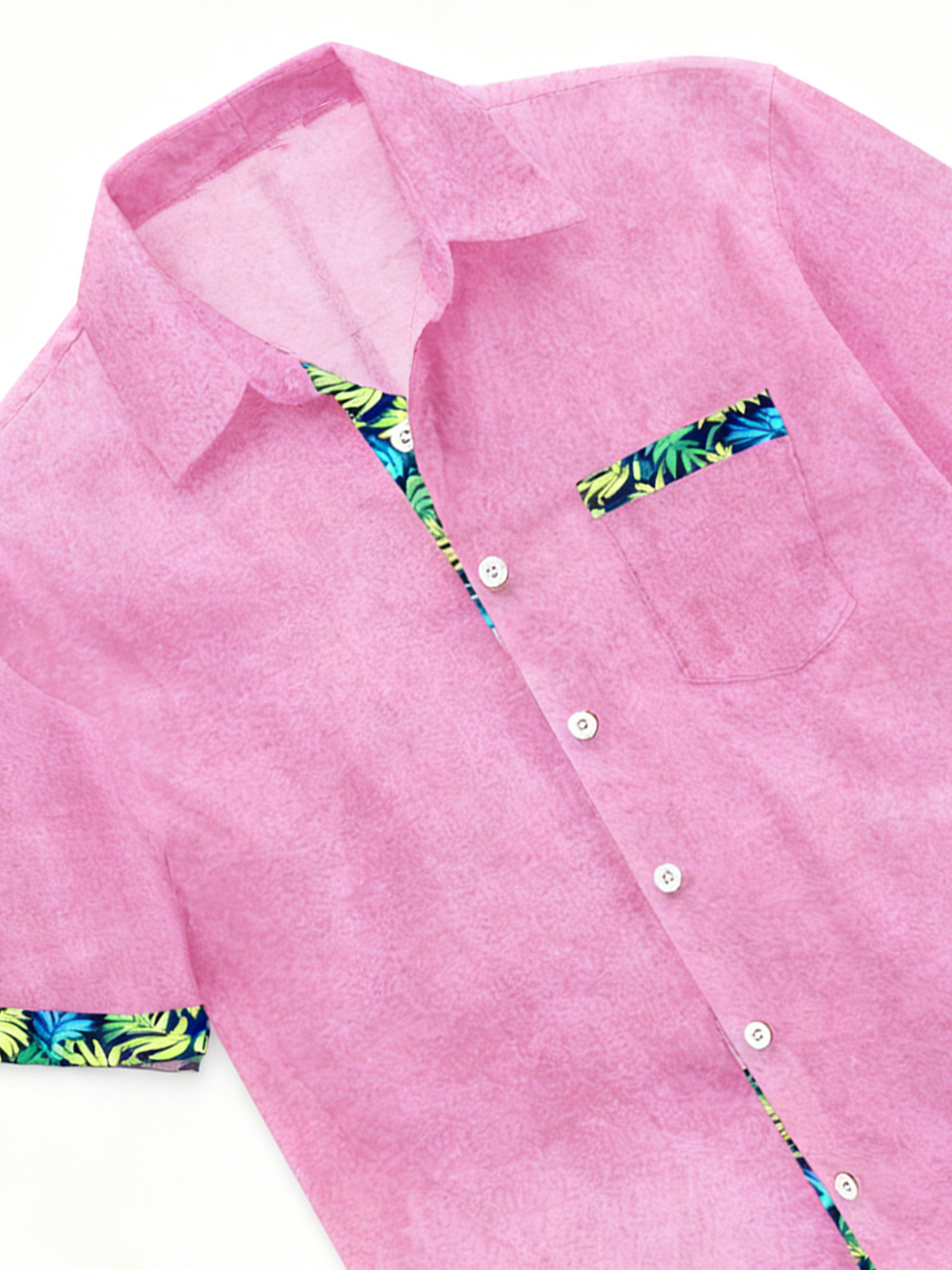 Linen Texture Plant Based Solid Color Patchwork Chest Pocket Holiday Hawaiian Shirt