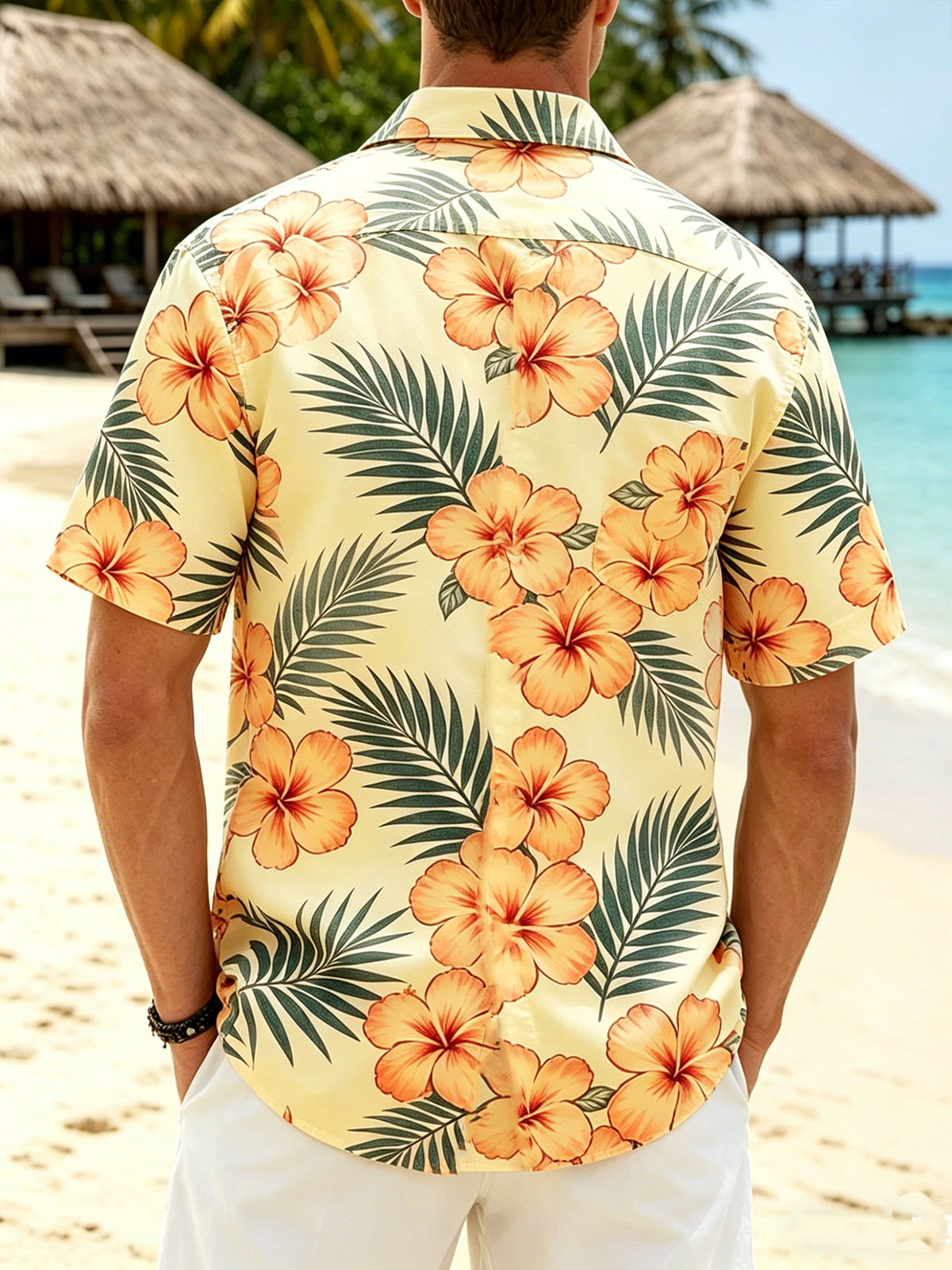 Linen-Texture  Botanical Floral Flamingo Print with Chest Pocket Holiday Hawaiian Shirt